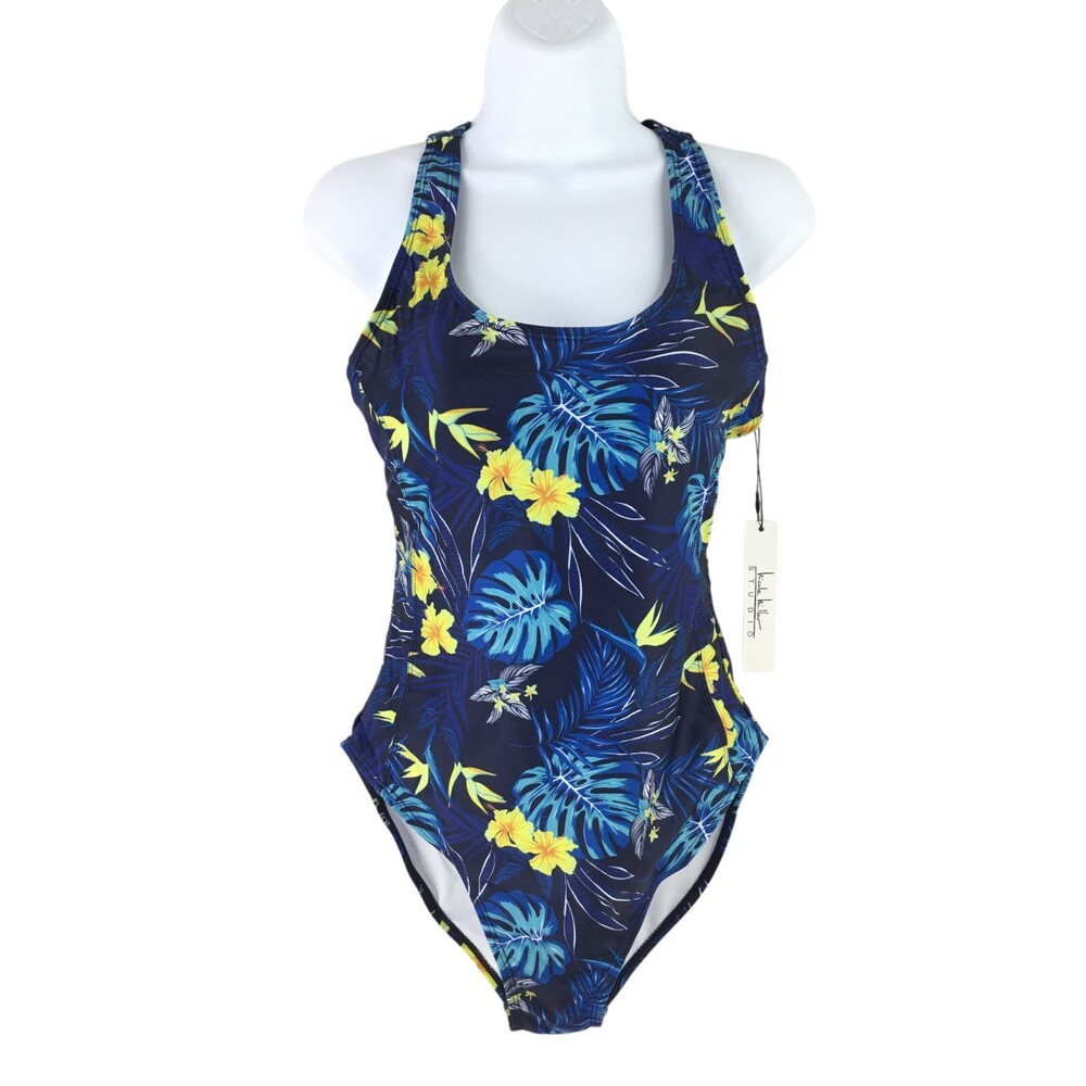 Nicole Miller Studio 1-Pc Swimsuit sz M Racerback Nautical Hawaiian Hibiscus NEW